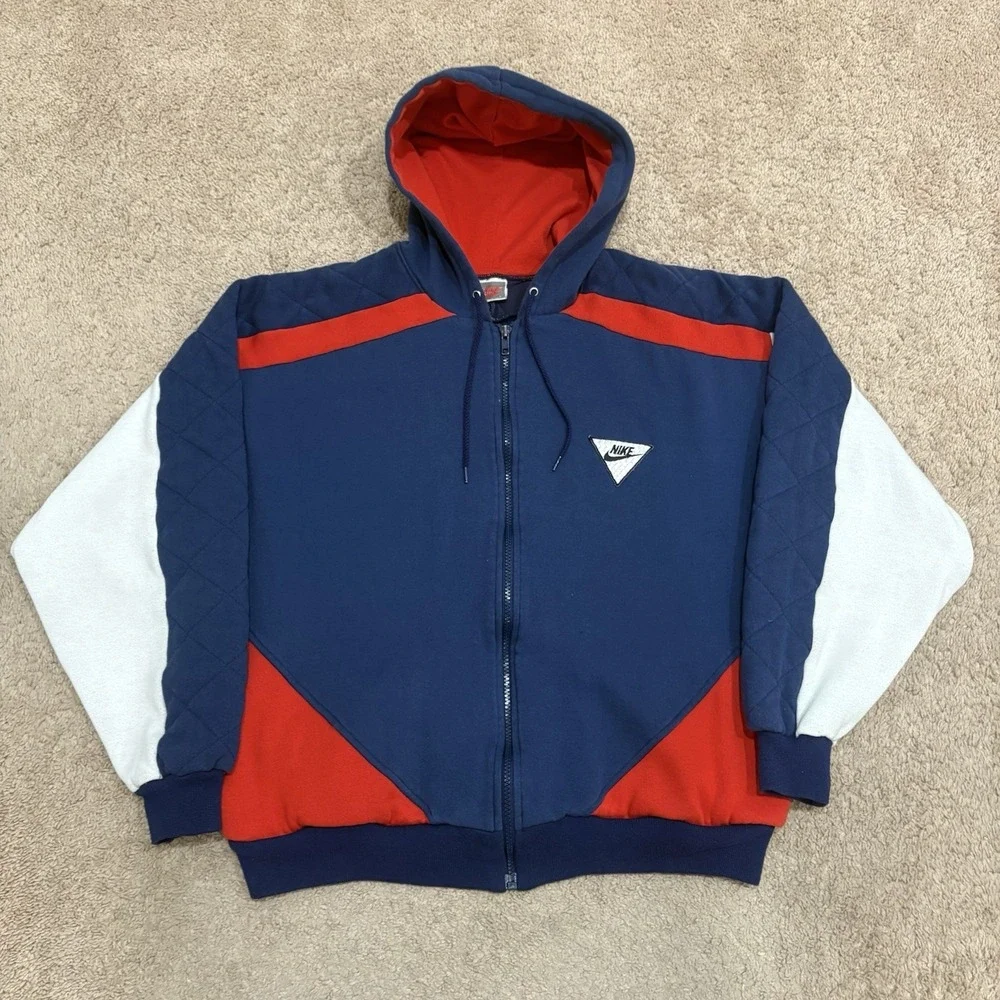 Vintage 80s NIKE Zip Up Hoodie Mens Large Blue Quilted ColorBlock